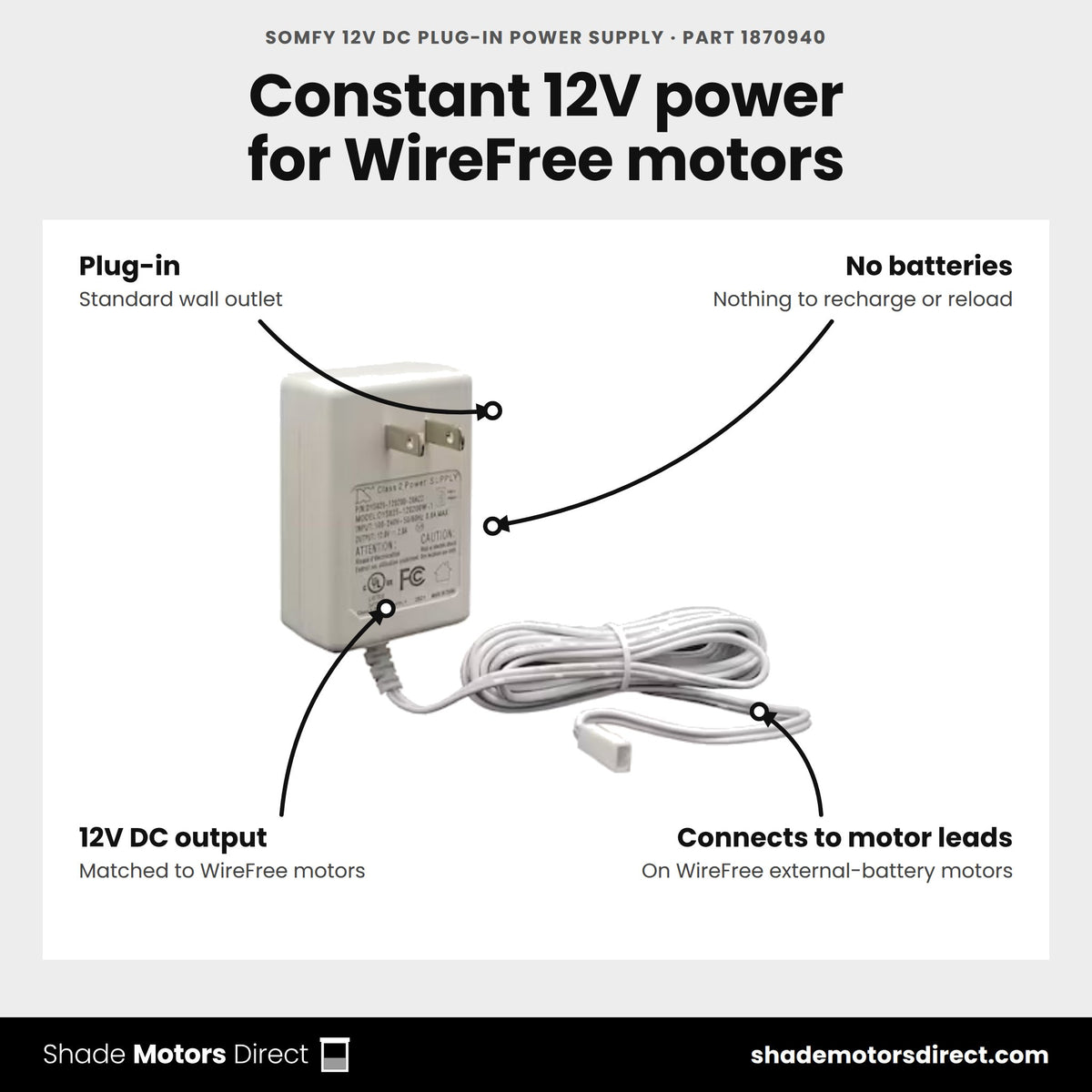 Somfy 12V DC Plug-in Power Supply, part 1870940, features: Plug-in, No batteries, 12V DC output, Connects to motor leads