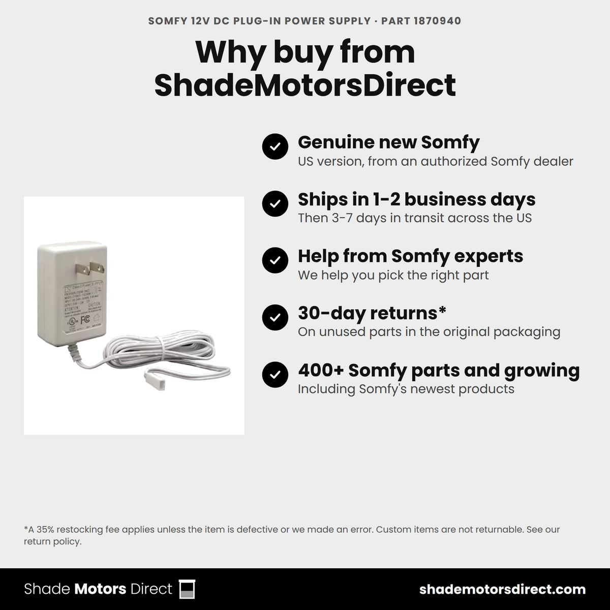 Buy the Somfy 12V DC Plug-in Power Supply, part 1870940, genuine new, from ShadeMotorsDirect