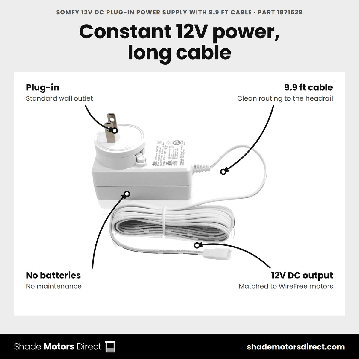 Somfy 12V DC plug-in power supply with 9.9 ft cable, part 1871529, features: 12V DC output, 9.9 ft cable, plug-in, no batteries