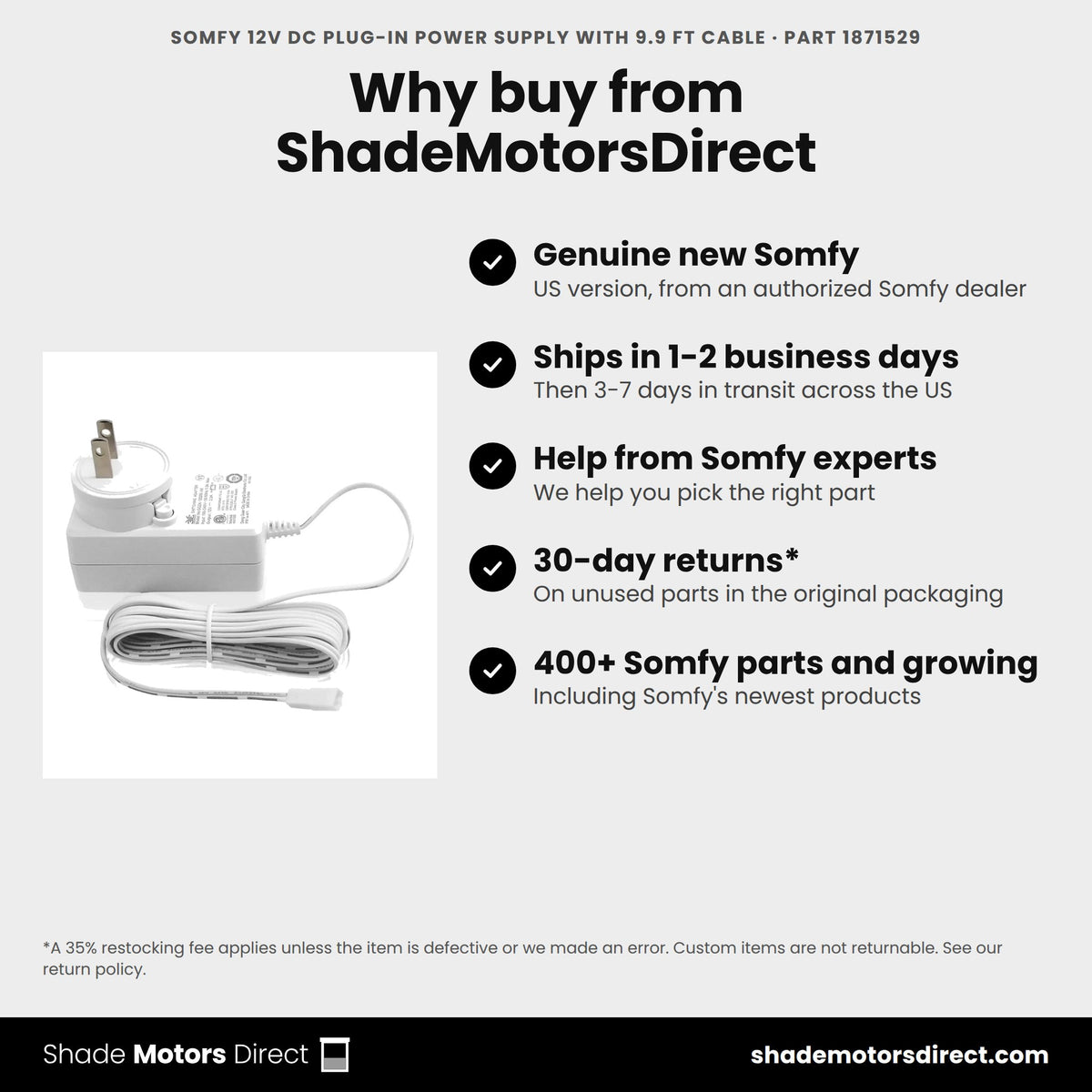 Buy the Somfy 12V DC Plug-in Power Supply with 9.9 ft Cable, part 1871529, genuine new, from ShadeMotorsDirect