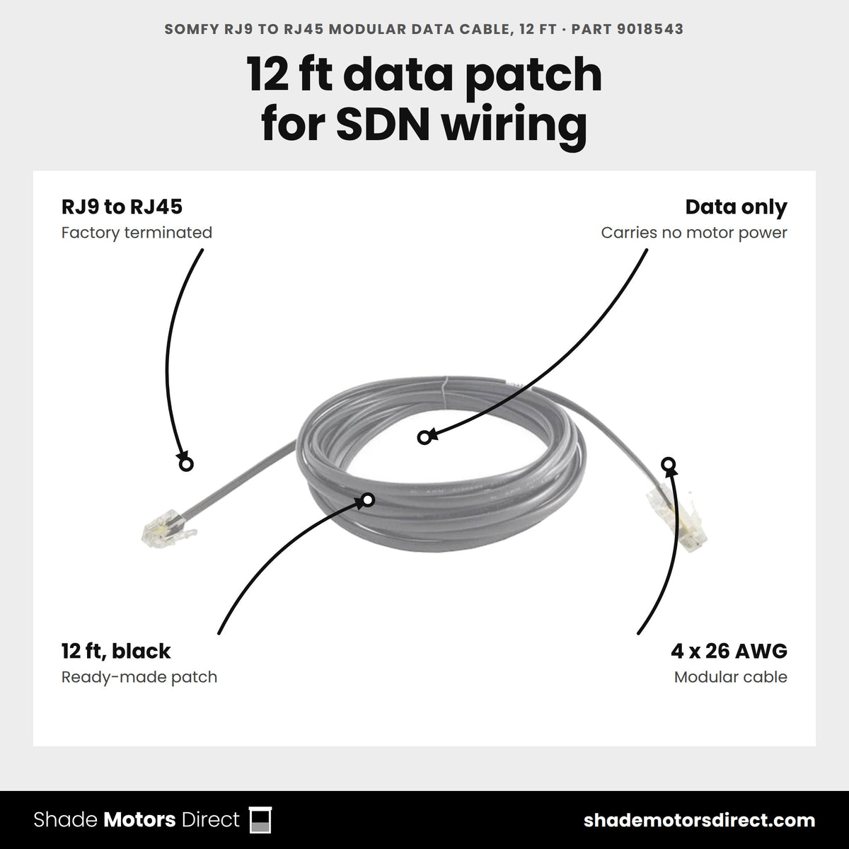 Somfy RJ9 to RJ45 modular data cable 12 ft, part 9018543, 4 x 26 AWG, data only for RS485 and SDN wiring