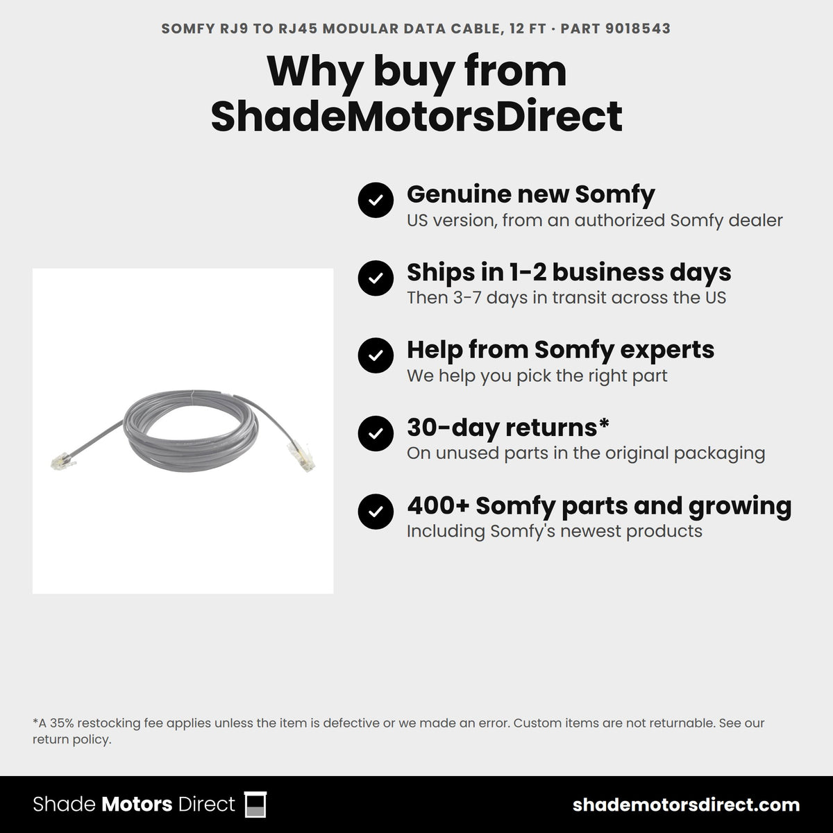 Buy the Somfy RJ9 to RJ45 Modular Data Cable, 12 ft, part 9018543, genuine new, from ShadeMotorsDirect