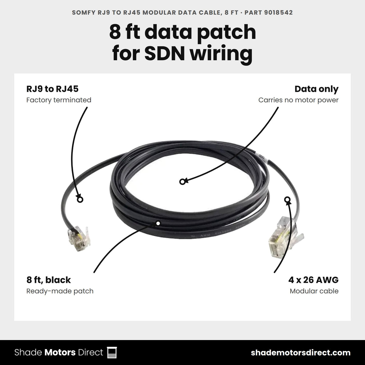 Somfy RJ9 to RJ45 modular data cable 8 ft, part 9018542, 4 x 26 AWG, data only for RS485 and SDN wiring
