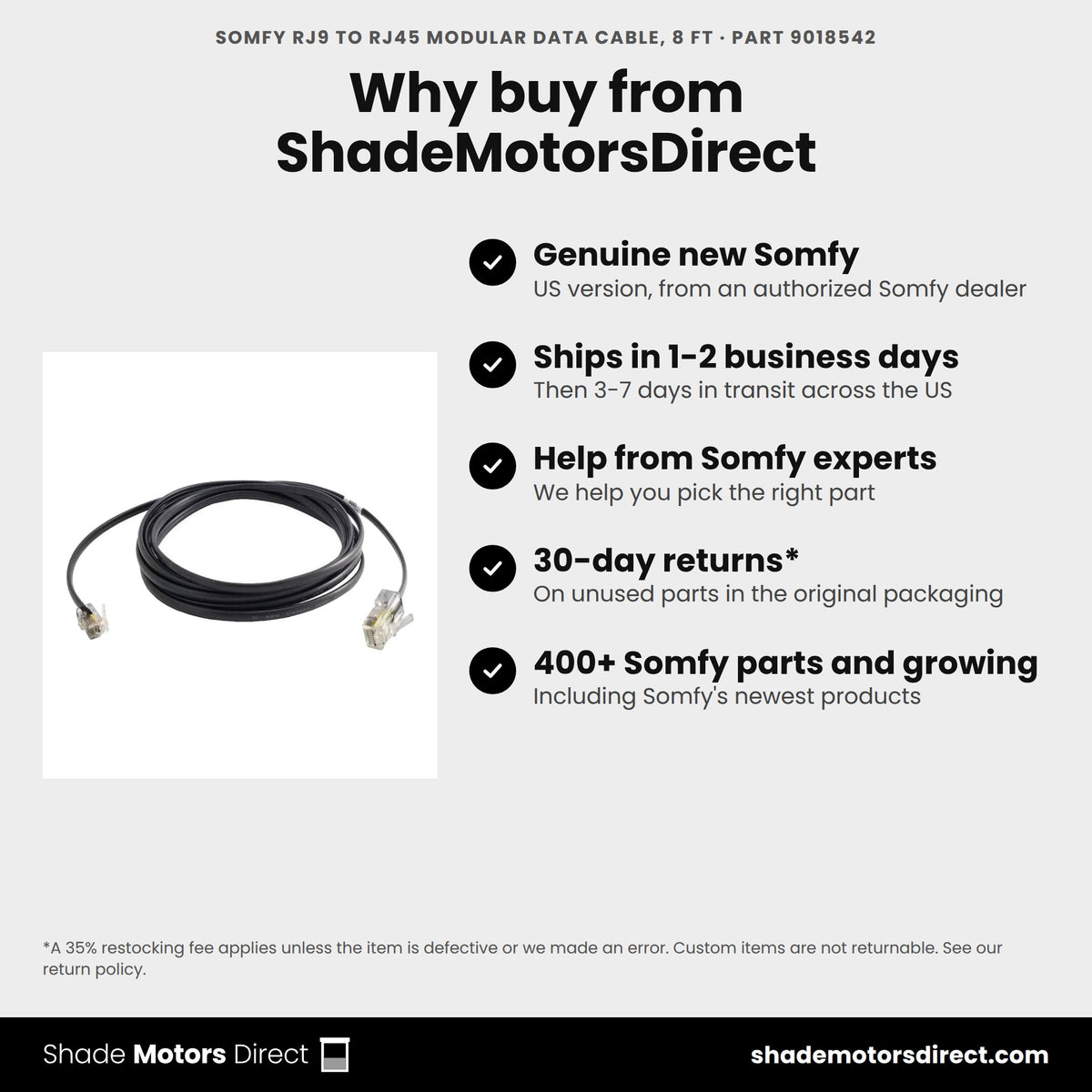 Buy the Somfy RJ9 to RJ45 Modular Data Cable, 8 ft, part 9018542, genuine new, from ShadeMotorsDirect