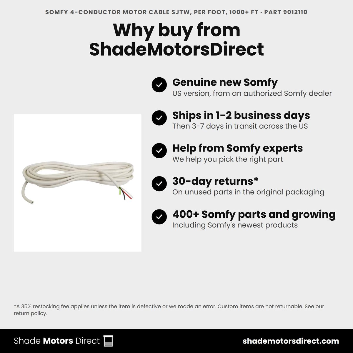 Buy the Somfy 4-Conductor Motor Cable SJTW, per Foot, 1000+ ft, part 9012110, genuine new, from ShadeMotorsDirect