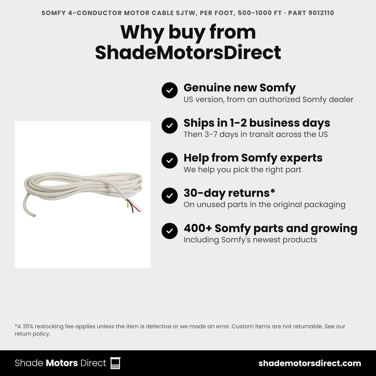 Buy the Somfy 4-Conductor Motor Cable SJTW, per Foot, 500-1000 ft, part 9012110, genuine new, from ShadeMotorsDirect