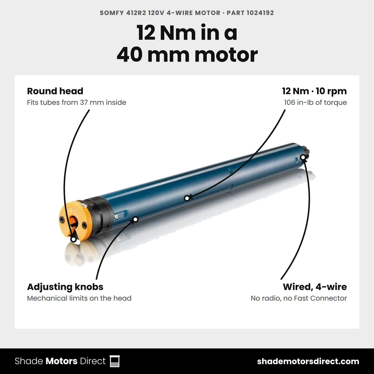 Somfy 412R2 120V 4-wire motor, part 1024192, features: 40 mm round head, 12 Nm, 10 rpm, mechanical limits, wired control