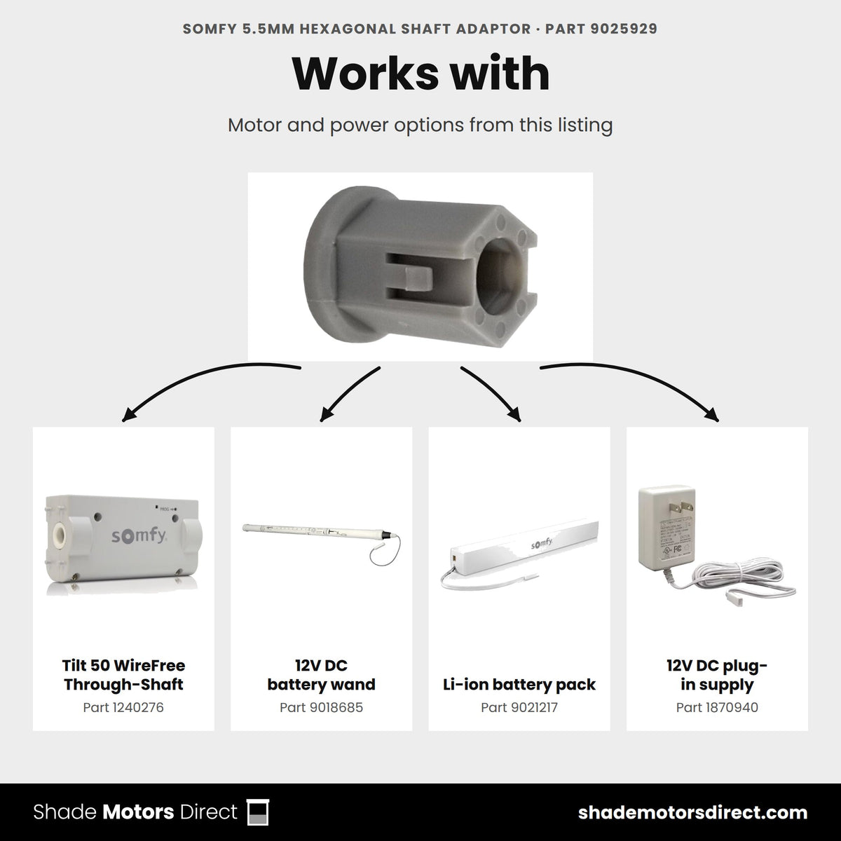 Parts that work with the Somfy 5.5mm hexagonal shaft adaptor 9025929: Tilt 50 WireFree Through-Shaft 1240276, 12V DC battery wand 9018685, Li-ion battery pack 9021217, 12V DC plug-in supply 1870940
