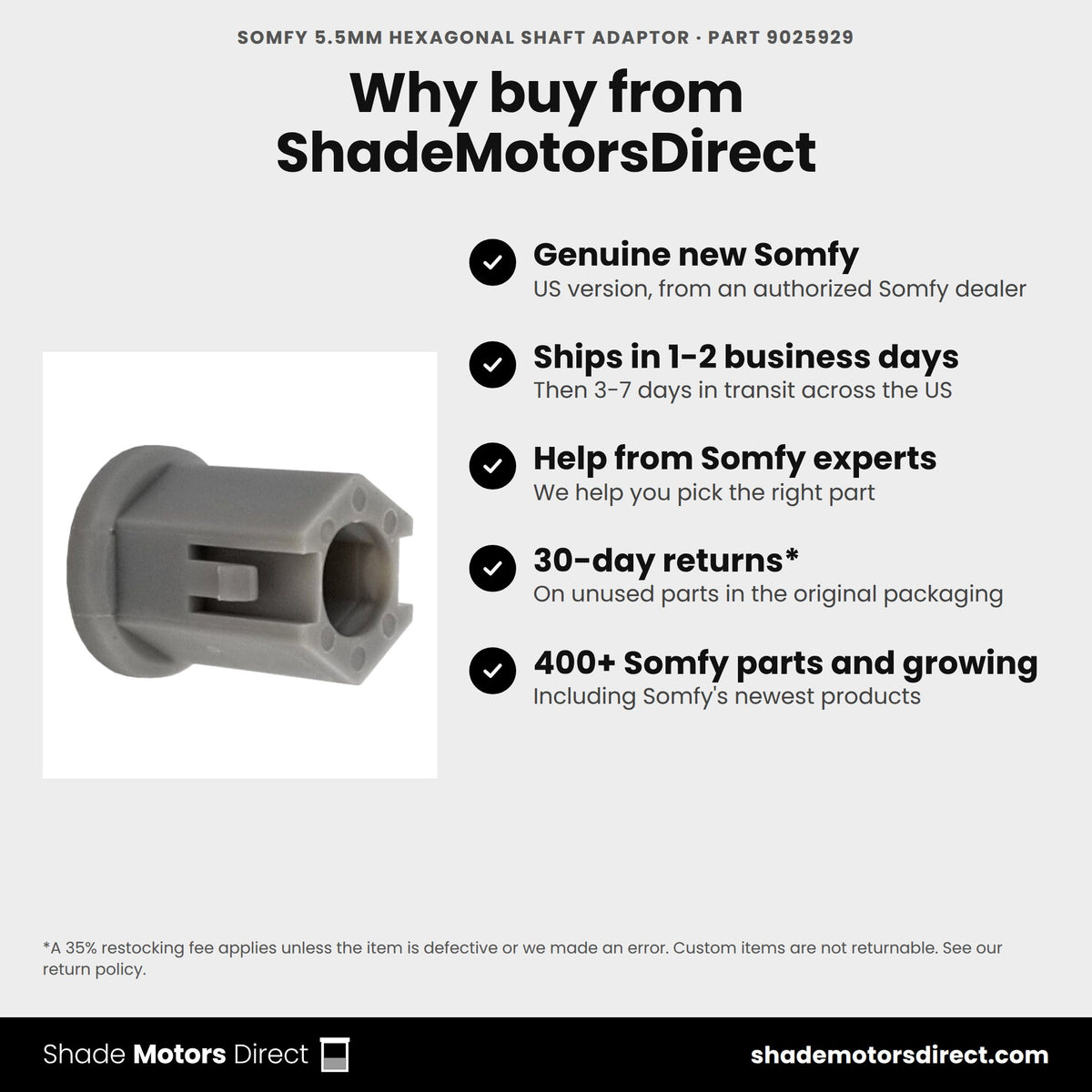 Buy the Somfy 5.5mm Hexagonal Shaft Adaptor, part 9025929, genuine new, from ShadeMotorsDirect