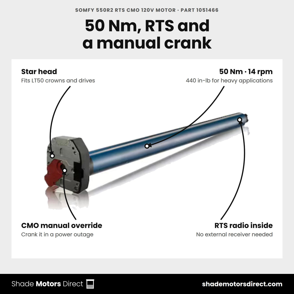 Somfy 550R2 RTS CMO 120V Motor, part 1051466, features: Star head, 50 Nm · 14 rpm, CMO manual override, RTS radio inside