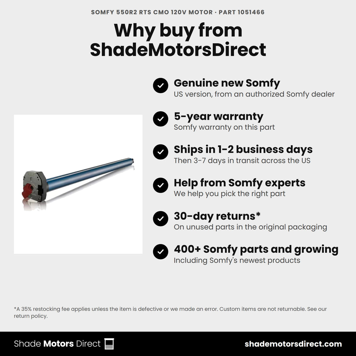 Buy the Somfy 550R2 RTS CMO 120V Motor, part 1051466, genuine new with 5-year warranty, from ShadeMotorsDirect