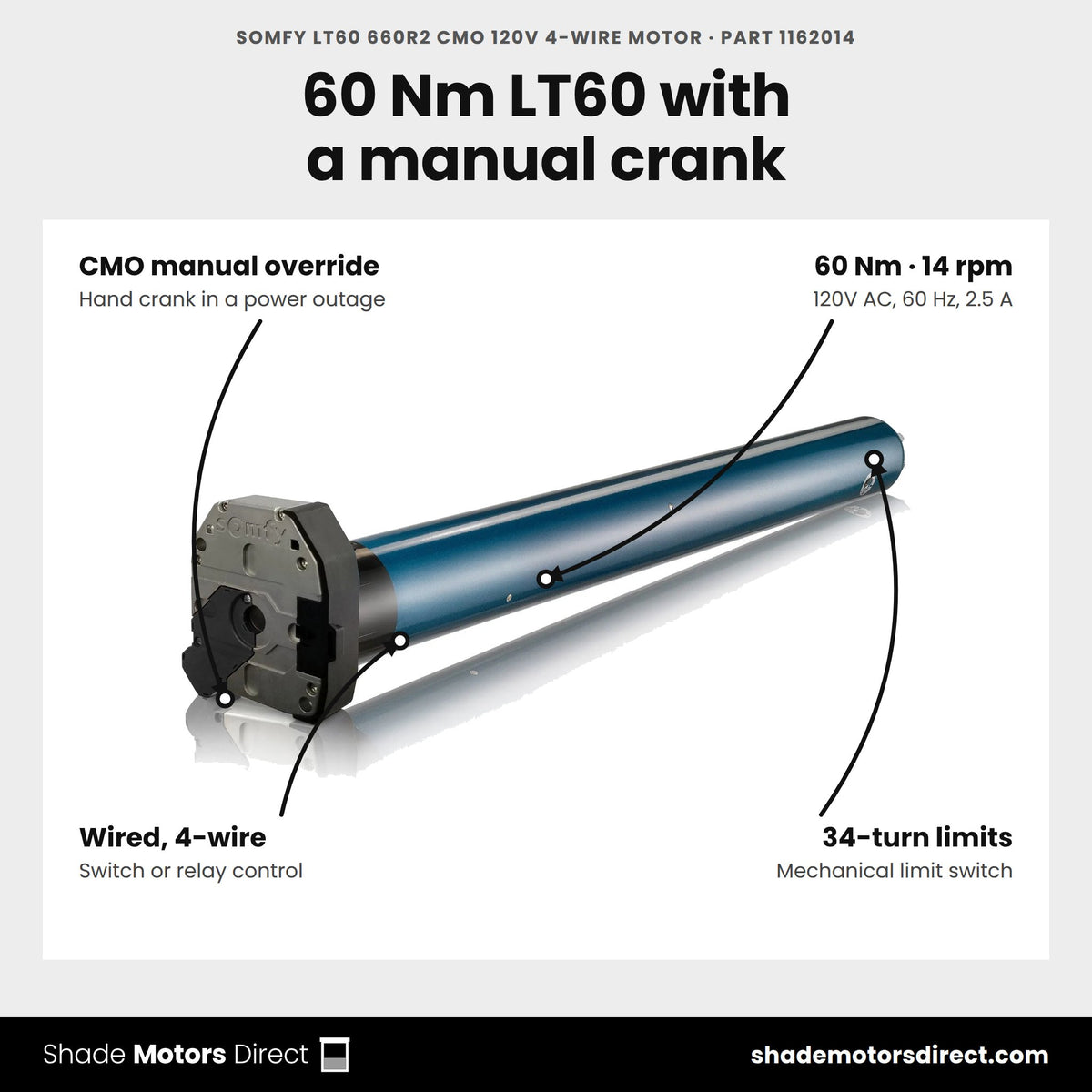 Somfy LT60 660R2 CMO 120V 4-wire motor, part 1162014, features: 60 Nm, 14 rpm, CMO manual override, 34-turn mechanical limits, IP 44