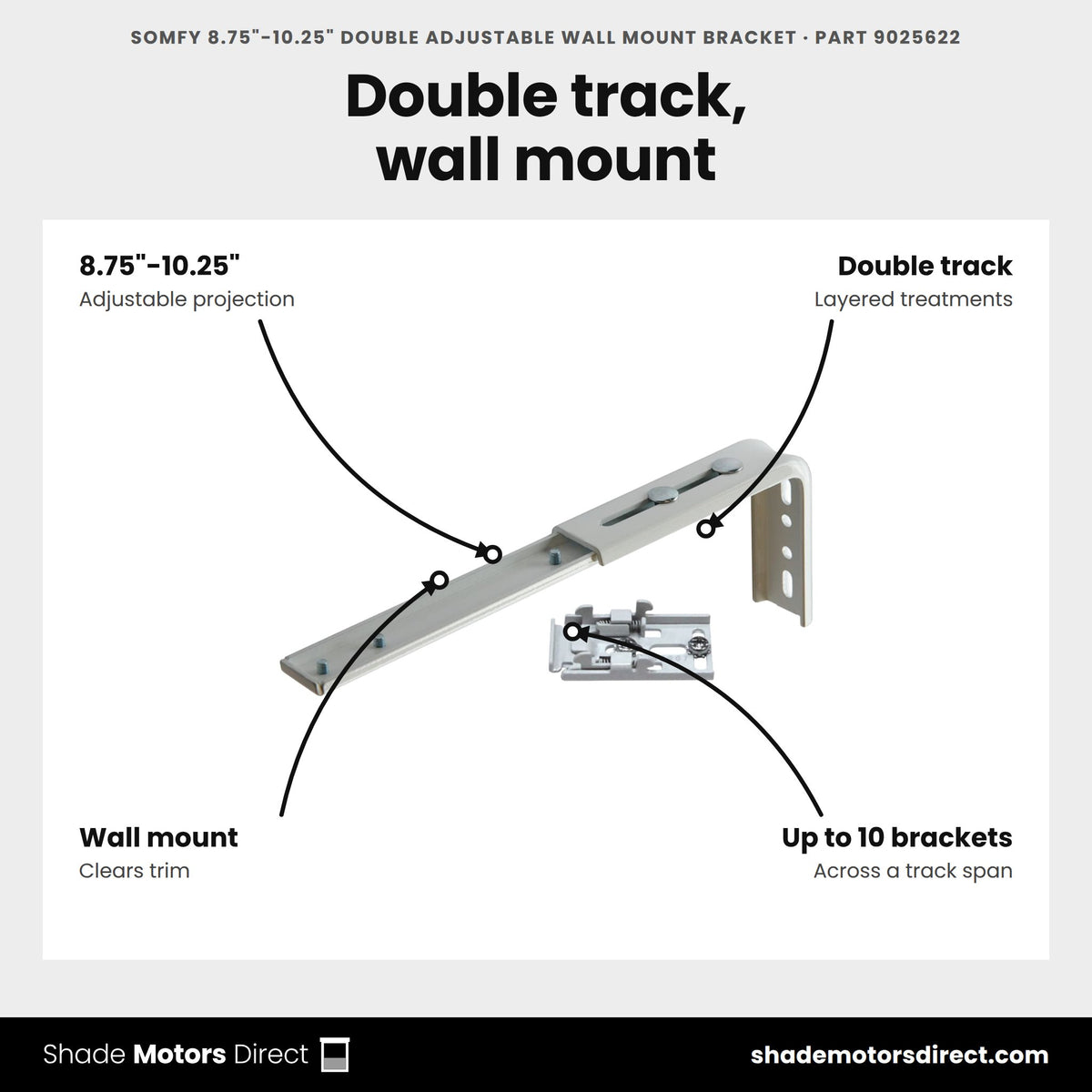 Somfy 8.75"-10.25" Double Adjustable Wall Mount Bracket, part 9025622, features: double adjustable wall mount, projection 8.75 to 10.25 in, double track for layered treatments, up to 10 brackets