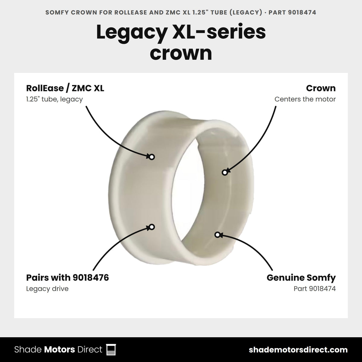 Somfy Crown for RollEase and ZMC XL 1.25" Tube (Legacy), part 9018474, features: crown for legacy RollEase and ZMC XL series 1.25 in tube, pairs with 9018476