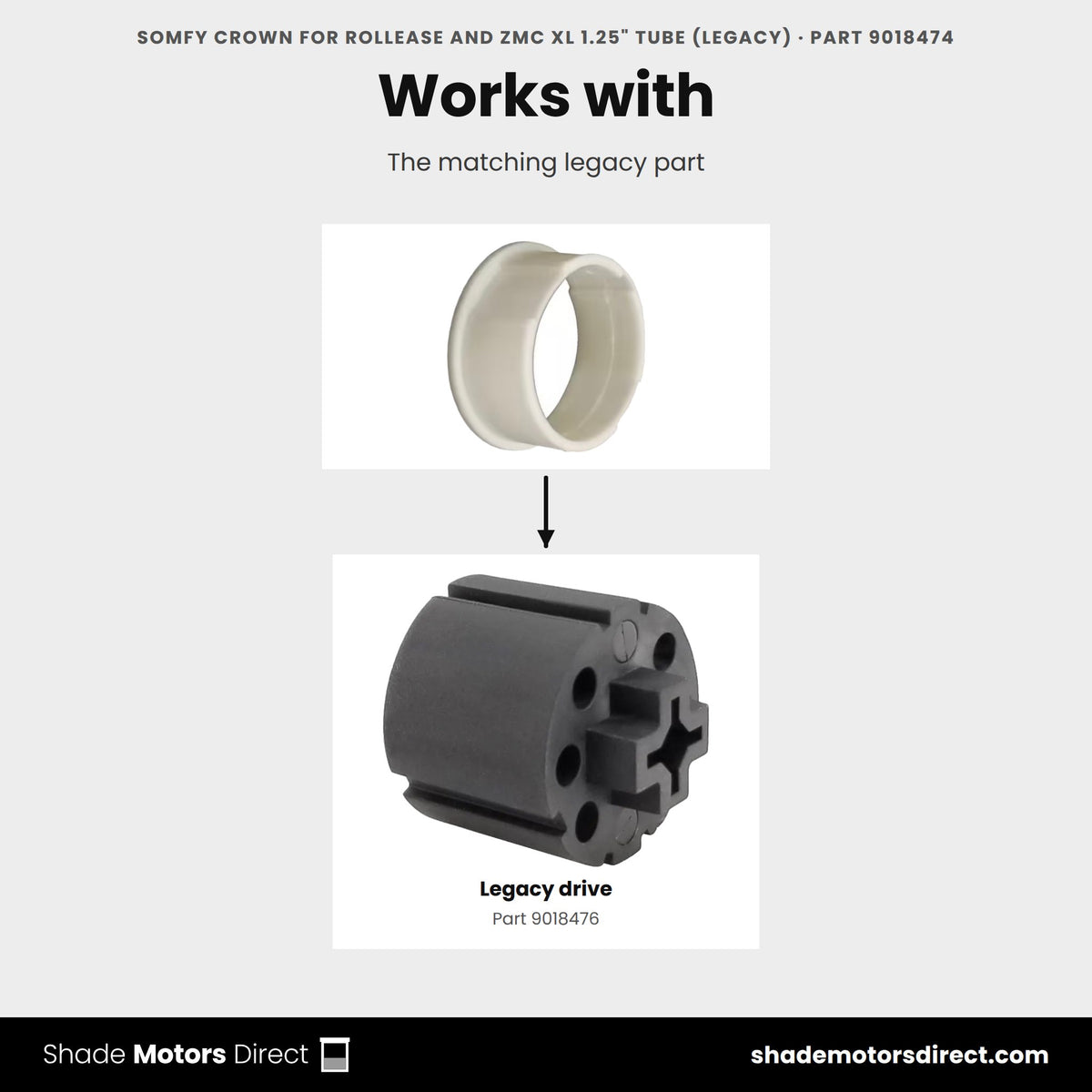 Parts that work with the Somfy legacy RollEase and ZMC XL 1.25 in crown 9018474: Legacy drive 9018476