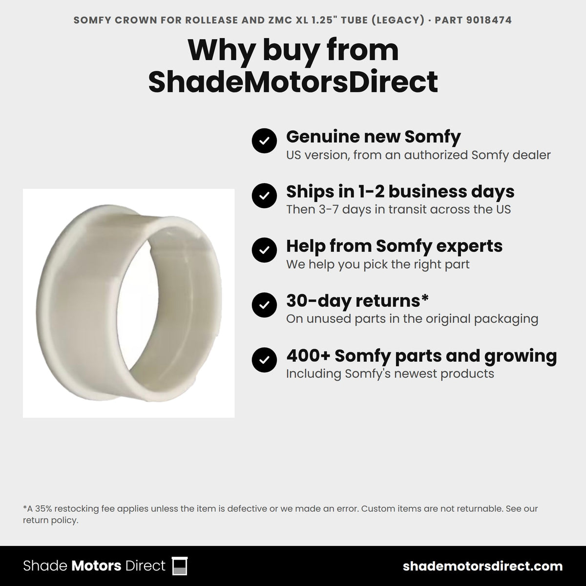 Buy the Somfy Crown for RollEase and ZMC XL 1.25" Tube (Legacy), part 9018474, genuine new, from ShadeMotorsDirect