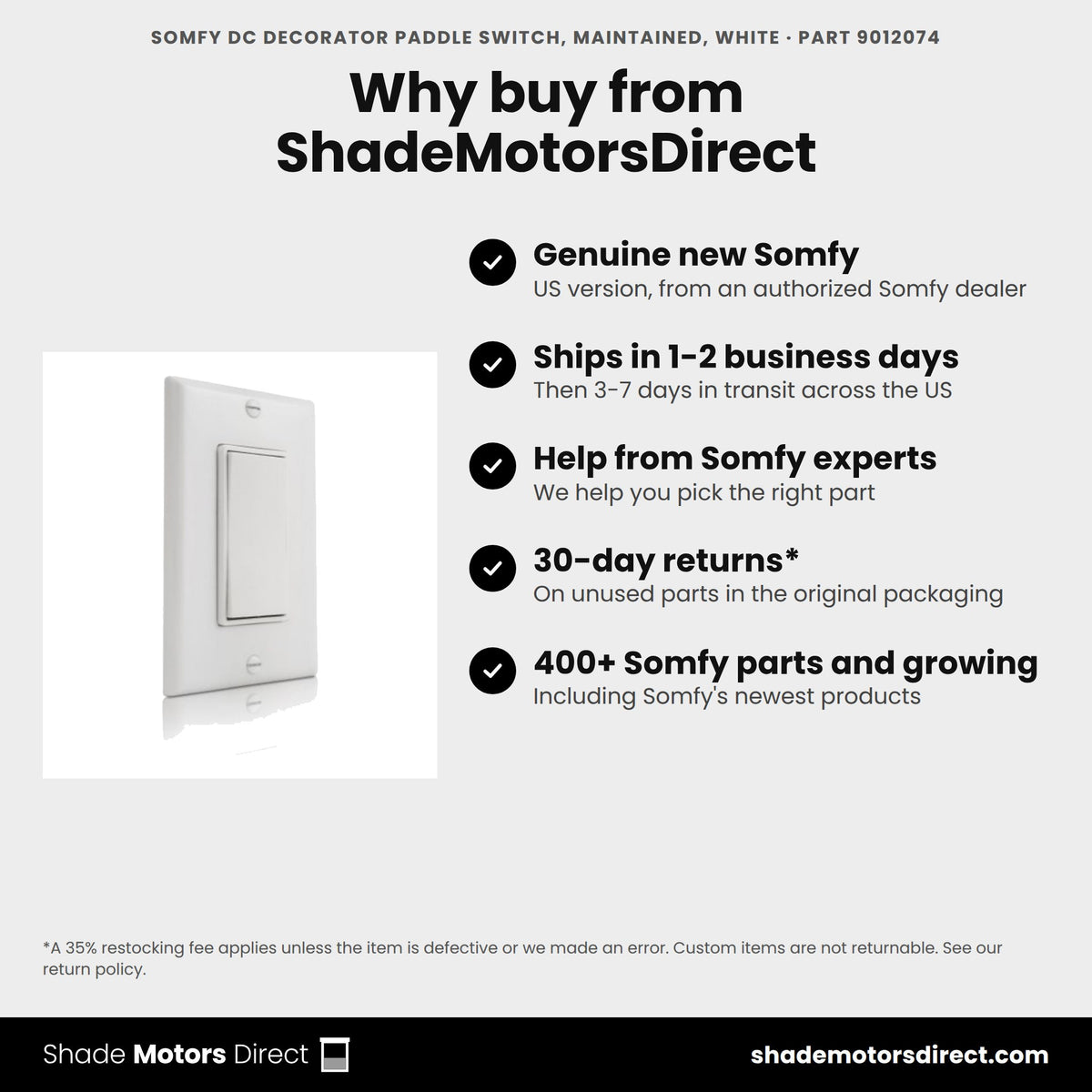 Buy the Somfy DC Decorator Paddle Switch, Maintained, White, part 9012074, genuine new, from ShadeMotorsDirect