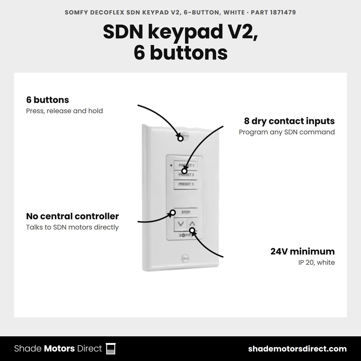 Somfy DecoFlex SDN Keypad V2, 6-Button, White, part 1871479, features: 6 buttons with press, release and hold, 8 dry contact inputs, no central controller, 24V minimum, IP 20
