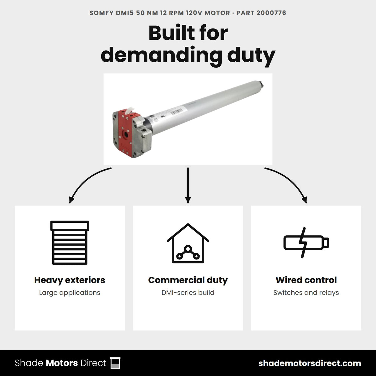 Somfy DMI5 50 Nm motor 2000776 uses: large heavy exterior applications, residential and commercial duty, wired switch control