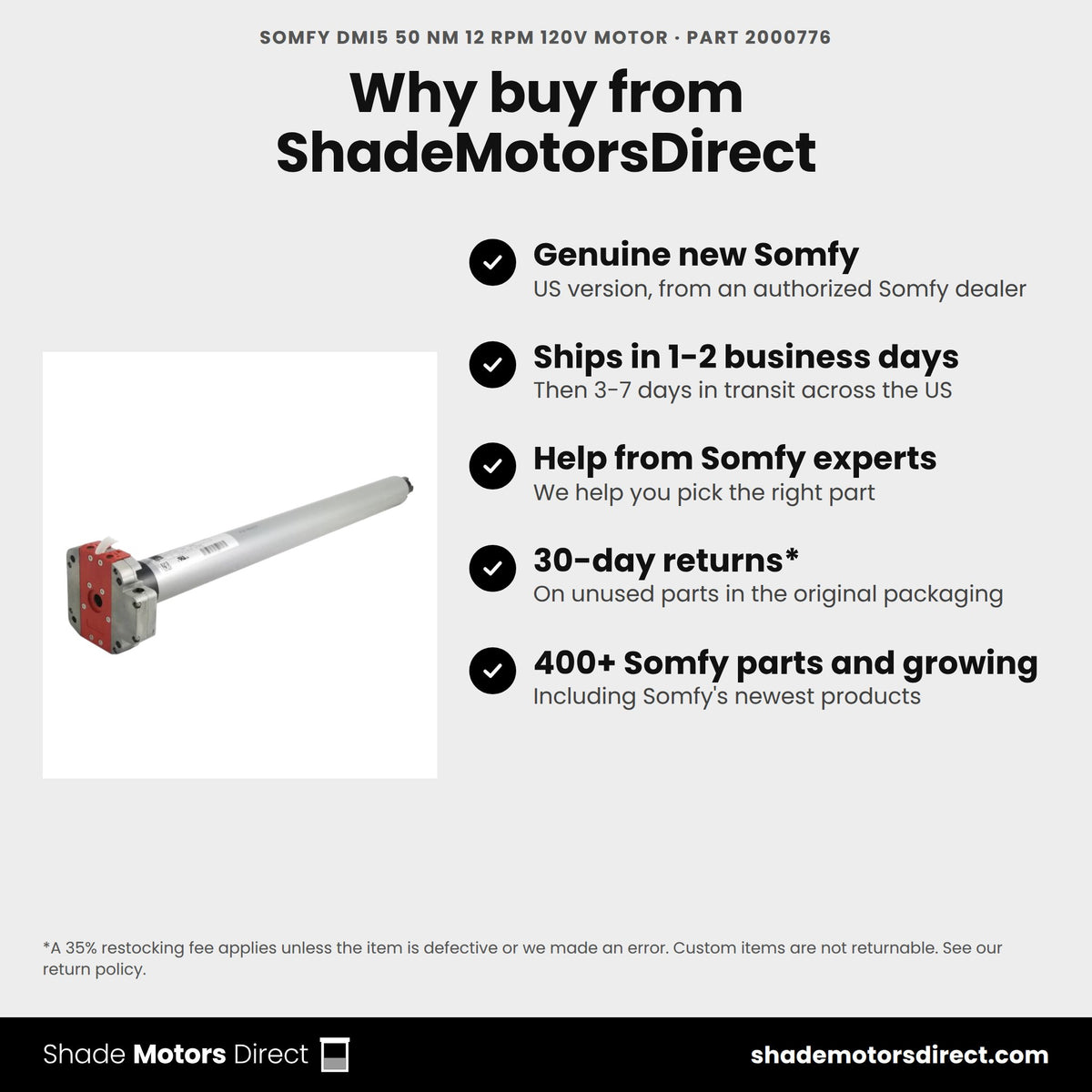 Buy the Somfy DMI5 50 Nm 12 rpm 120V Motor, part 2000776, genuine new, from ShadeMotorsDirect