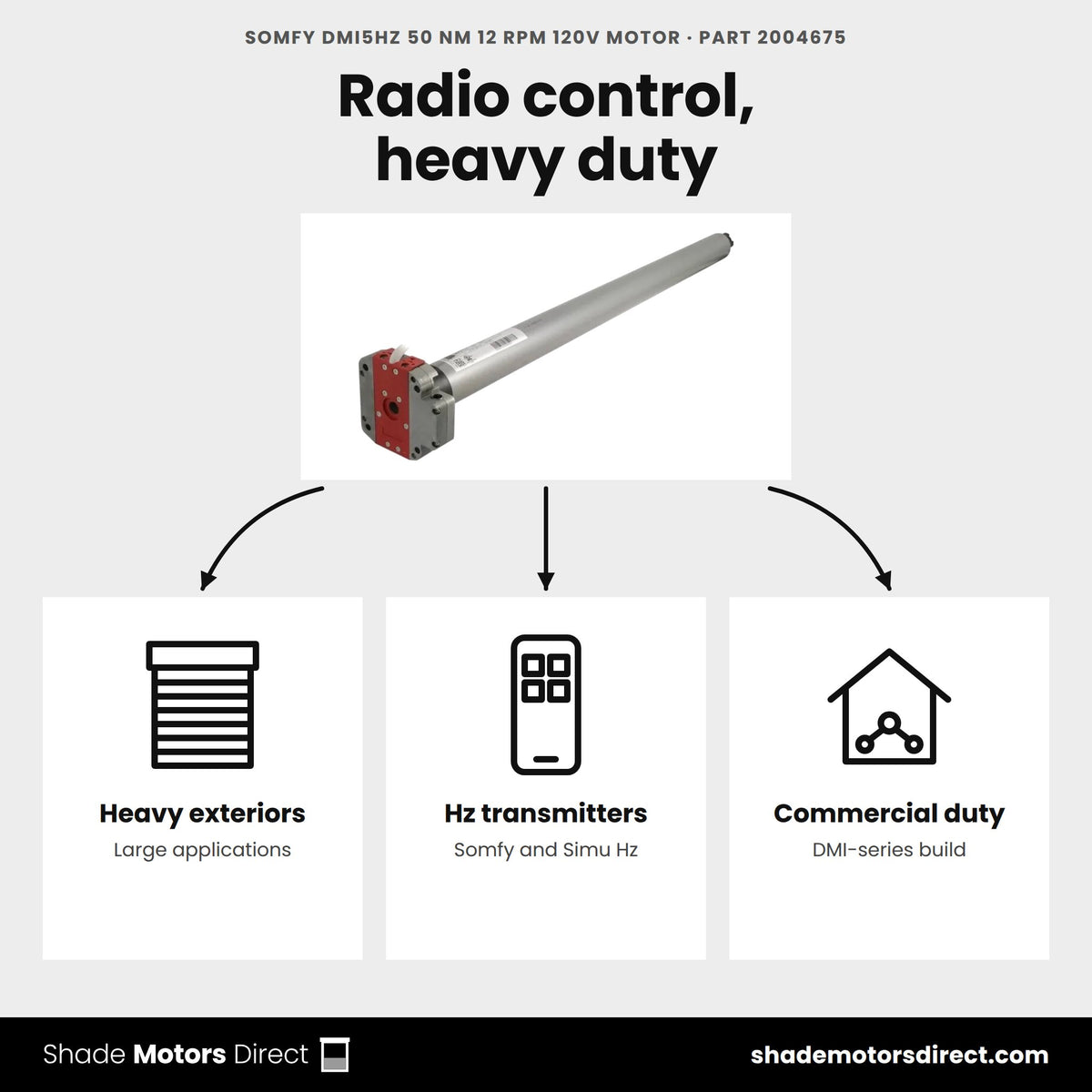 Somfy DMI5Hz 50 Nm motor 2004675 uses: large heavy exterior applications, Somfy and Simu Hz transmitters, commercial duty