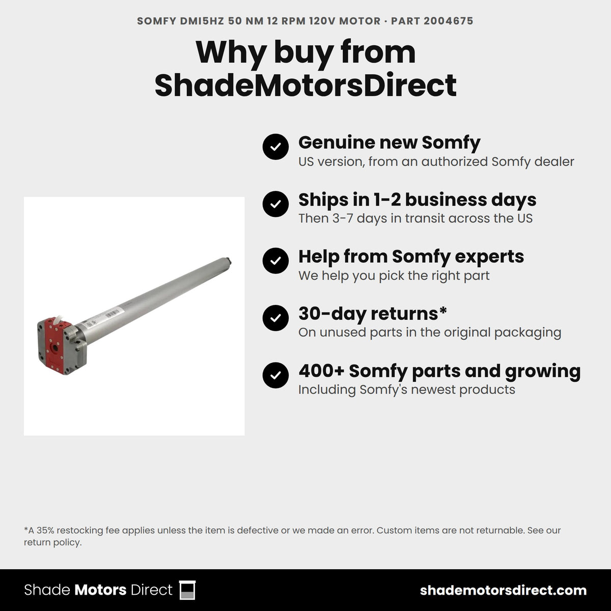 Buy the Somfy DMI5Hz 50 Nm 12 rpm 120V Motor, part 2004675, genuine new, from ShadeMotorsDirect