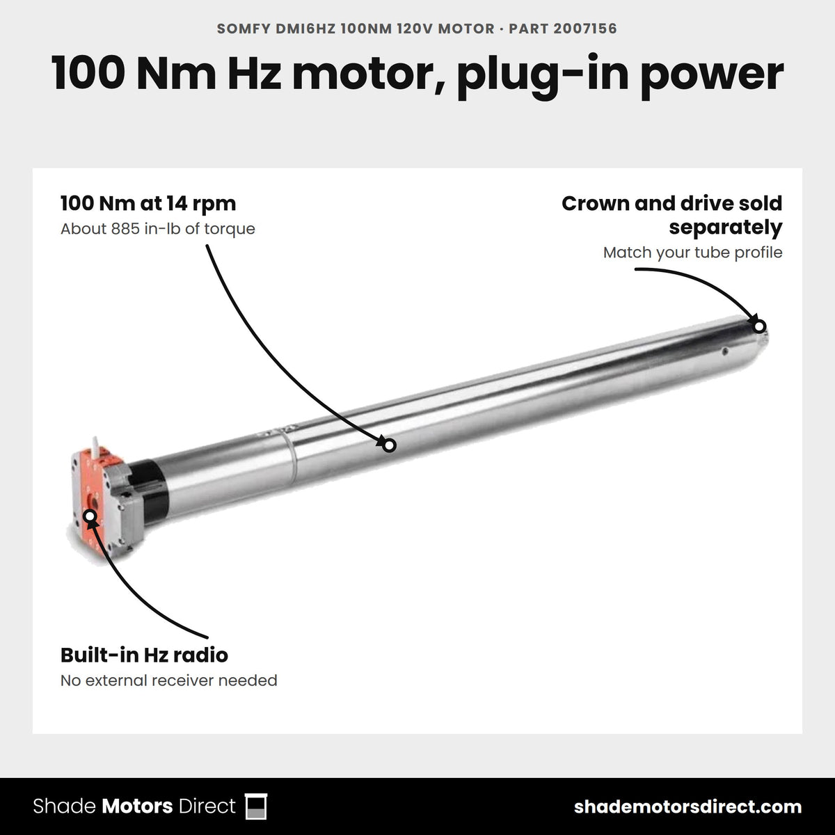 Somfy DMI6Hz 100Nm 14rpm 120V motor with NEMA plug, part 2007156, features: 100 Nm, built-in Hz radio, crown and drive sold separately