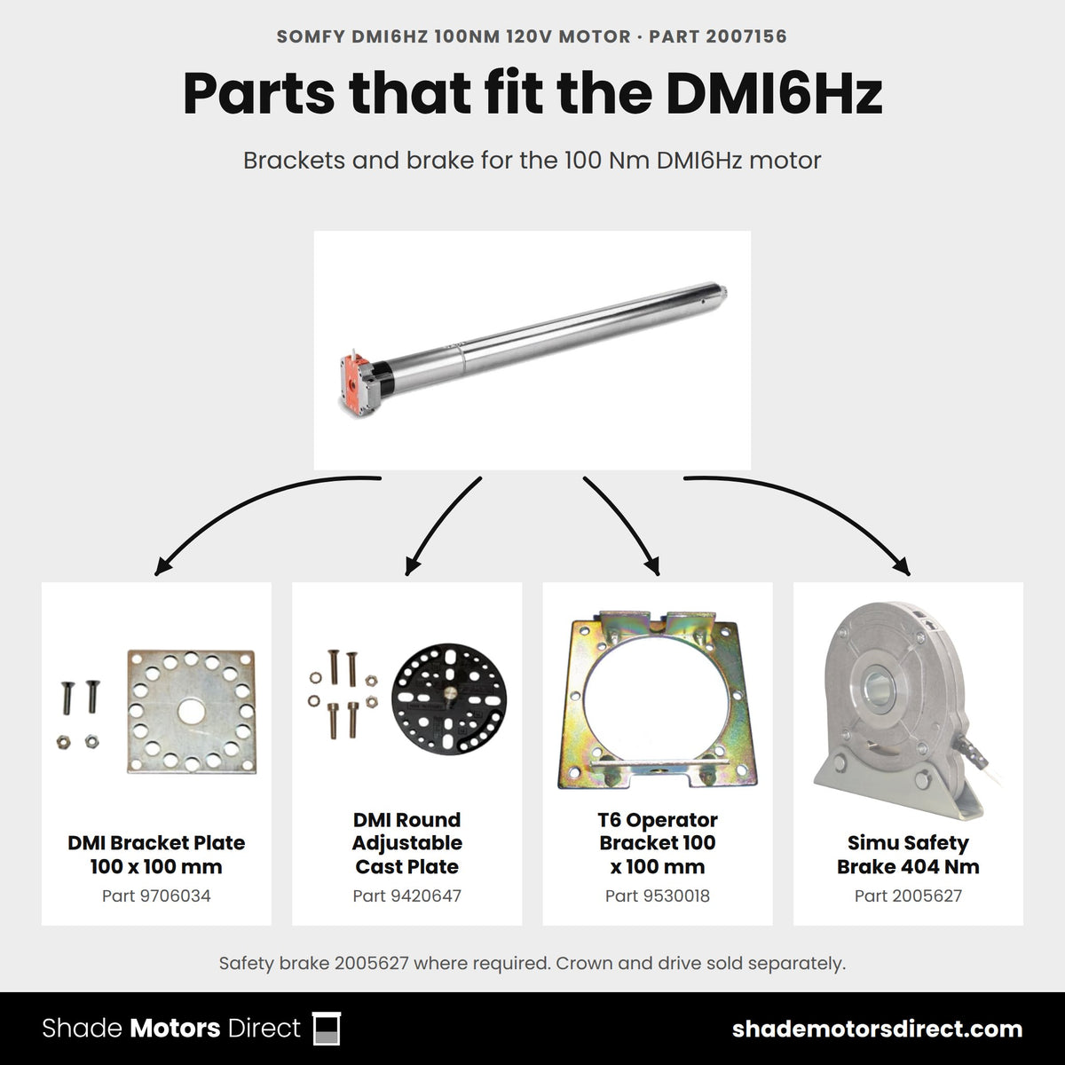 Parts that work with the Somfy DMI6Hz 2007156: DMI bracket plate 9706034, round cast plate 9420647, T6 bracket 9530018, safety brake 2005627