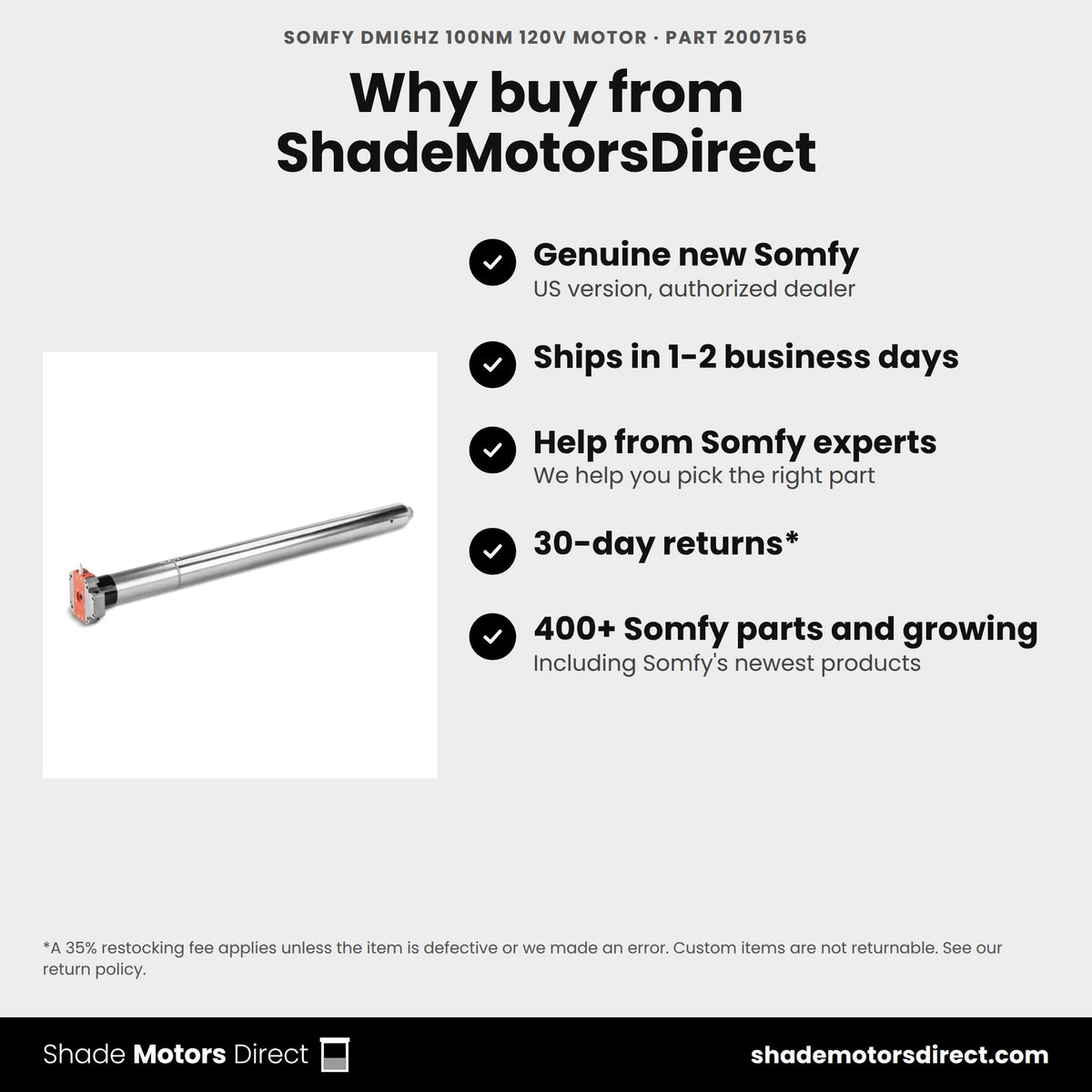 Buy the Somfy DMI6Hz 100Nm 120V motor, part 2007156, genuine new, from ShadeMotorsDirect