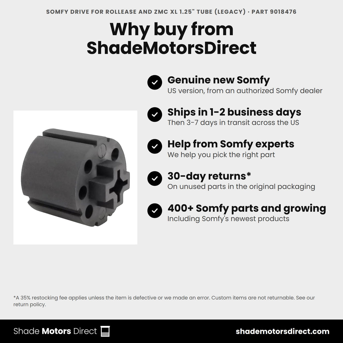 Buy the Somfy Drive for RollEase and ZMC XL 1.25" Tube (Legacy), part 9018476, genuine new, from ShadeMotorsDirect