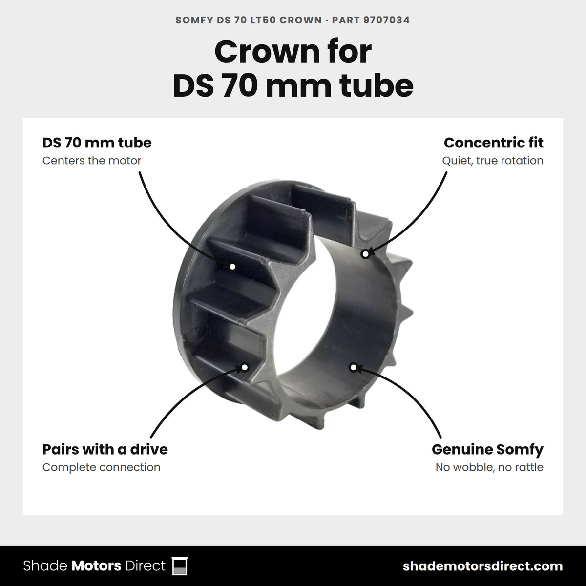 Somfy DS 70 LT50 crown, part 9707034, centers and supports the motor in DS 70 mm tube, pairs with the matching drive