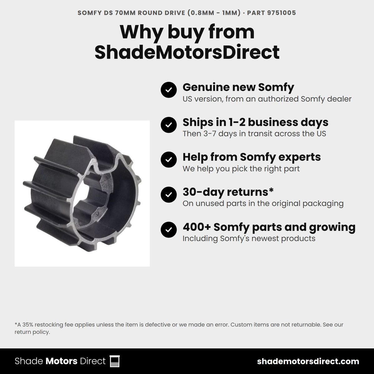 Buy the Somfy DS 70mm Round Drive (0.8mm - 1mm), part 9751005, genuine new, from ShadeMotorsDirect
