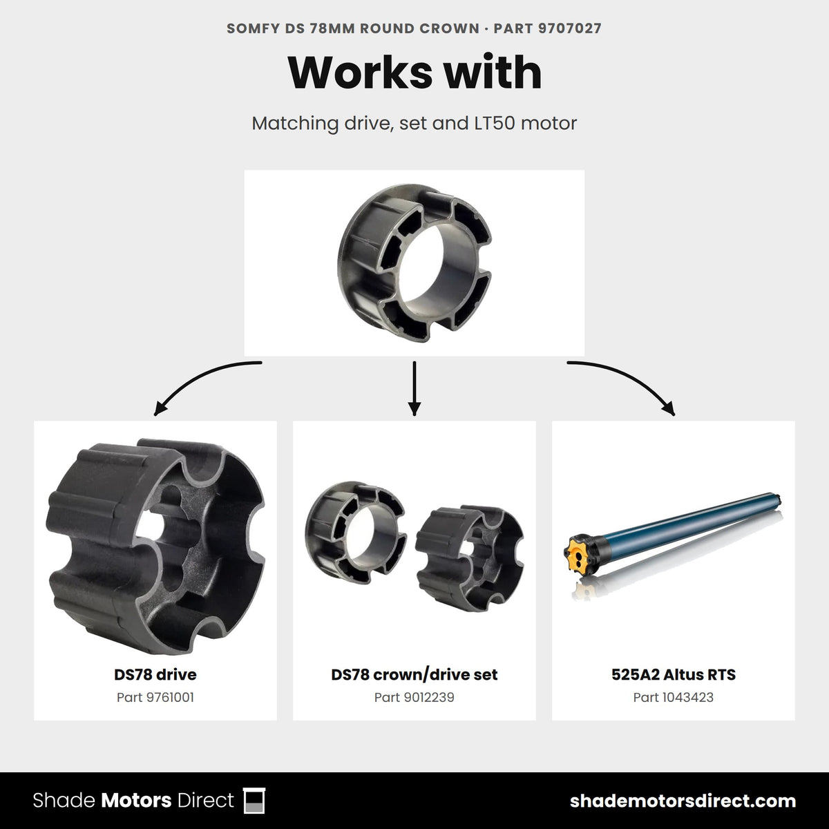 Parts that work with the Somfy DS 78mm round crown 9707027: DS78 drive 9761001, DS78 crown/drive set 9012239, 525A2 Altus RTS 1043423
