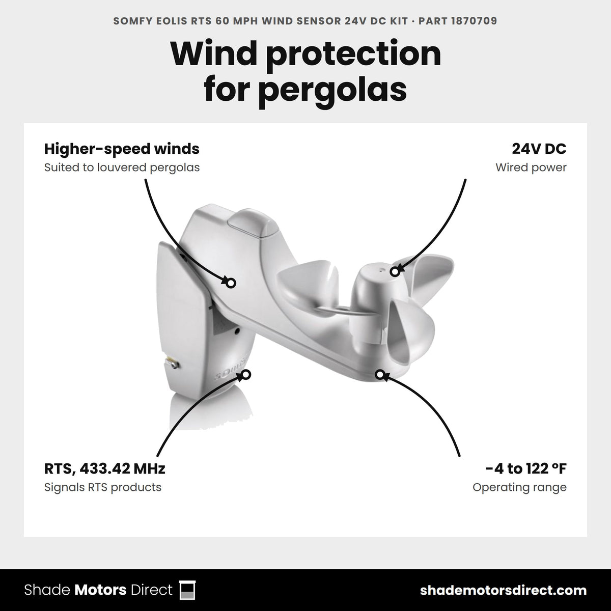 Somfy Eolis RTS 60 mph wind sensor 24V DC kit, part 1870709, features: built for higher-speed winds, 24V DC, RTS 433.42 MHz, -4 to 122 °F