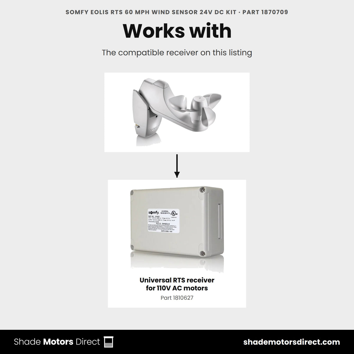 Works with the Somfy Eolis 60 mph wind sensor 1870709: Universal RTS receiver for 110V AC motors 1810627