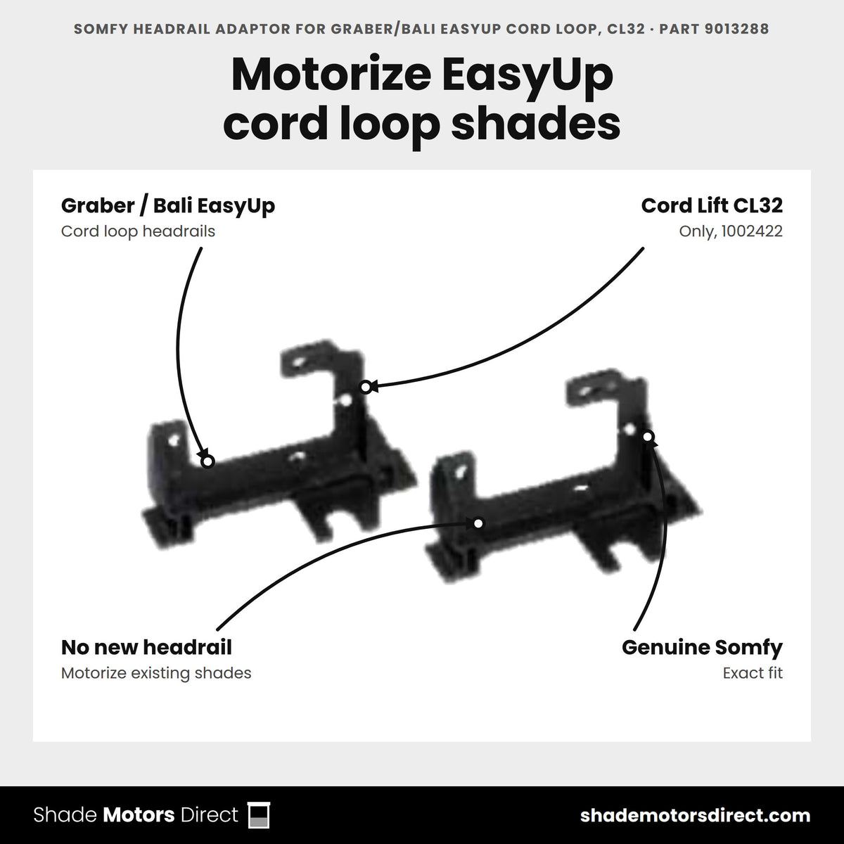 Somfy Headrail Adaptor for Graber/Bali EasyUp Cord Loop, CL32, part 9013288, features: adapts the Cord Lift CL32 motor 1002422 to Graber and Bali EasyUp cord loop headrails, no new headrail