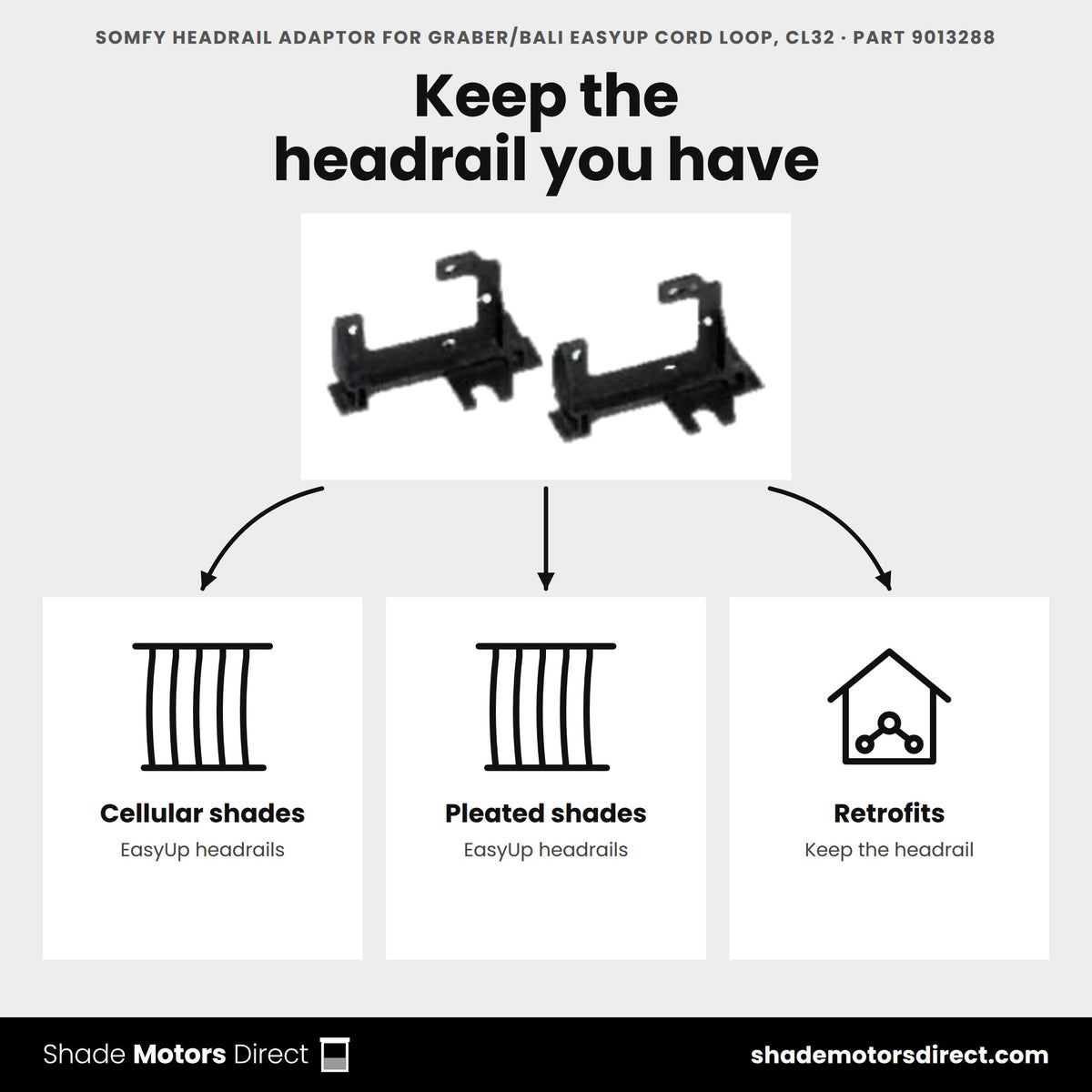 Somfy headrail adaptor for Graber and Bali EasyUp cord loop, CL32 9013288 uses: motorizing existing EasyUp cellular and pleated shades