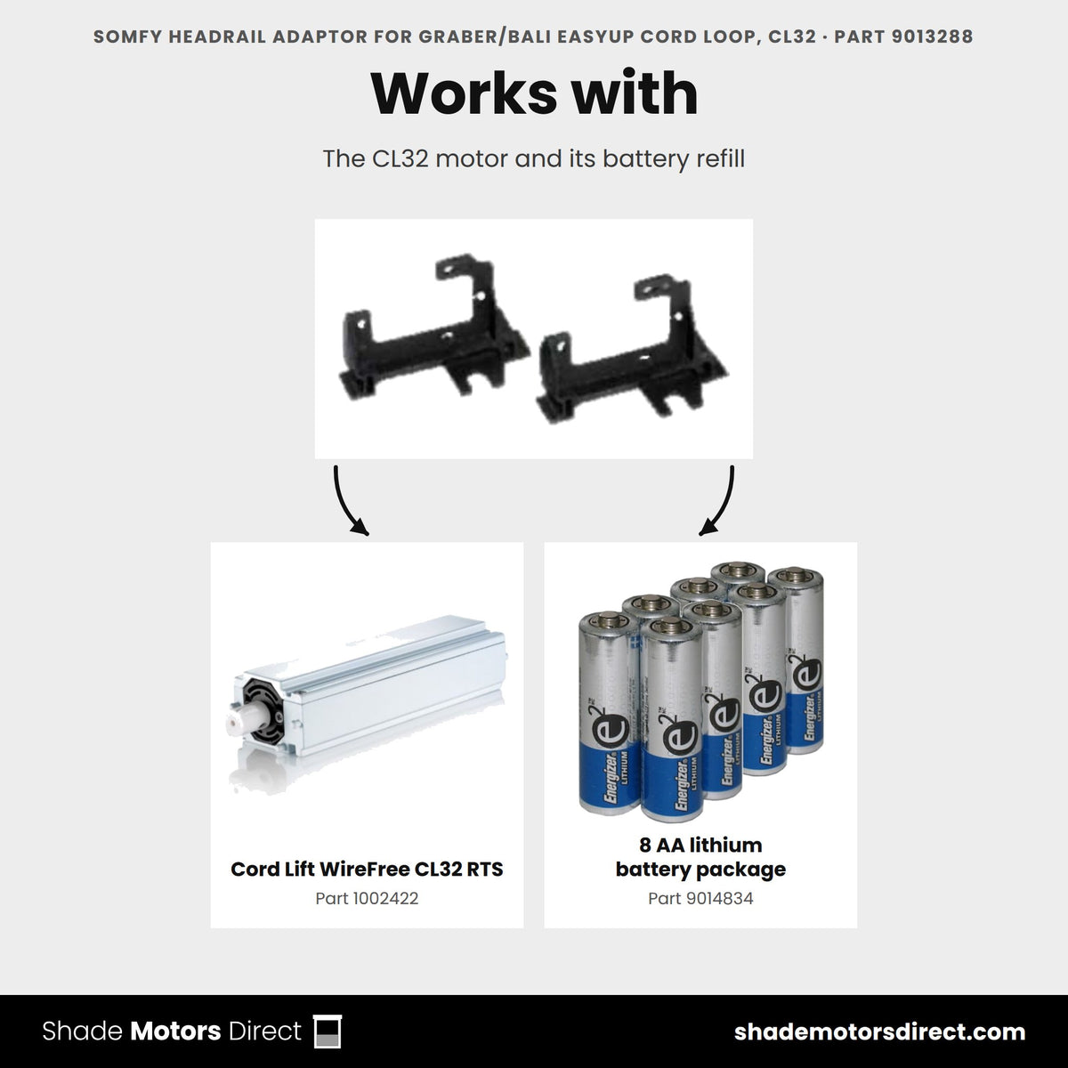 Parts that work with the Somfy headrail adaptor for Graber and Bali EasyUp cord loop, CL32 9013288: Cord Lift WireFree CL32 RTS 1002422, 8 AA lithium battery package 9014834