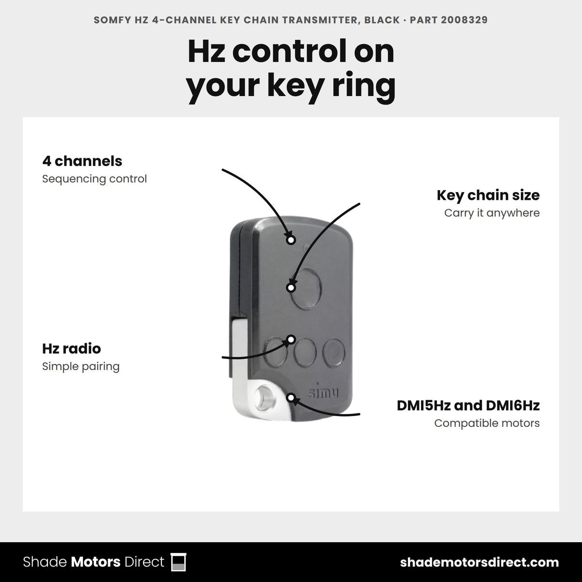 Somfy Hz 4-Channel Key Chain Transmitter, Black, part 2008329, features: 4-channel sequencing, key chain form factor, Hz radio, pairs with DMI5Hz and DMI6Hz motors, black