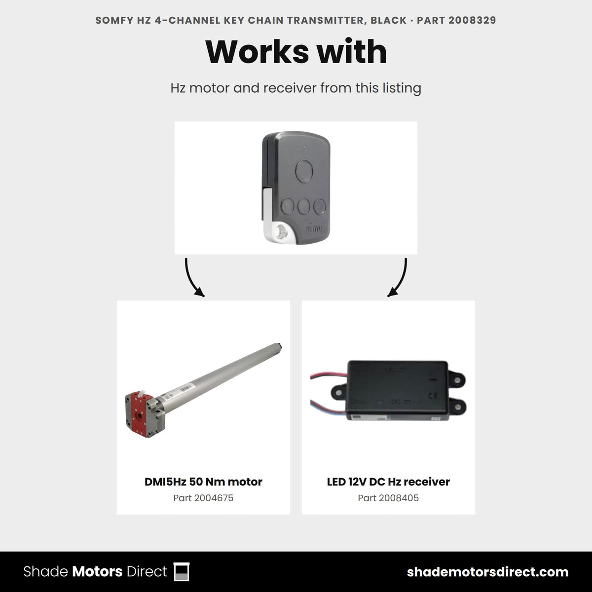 Parts that work with the Somfy Hz 4-channel key chain transmitter 2008329: DMI5Hz 50 Nm motor 2004675, LED 12V DC Hz receiver 2008405