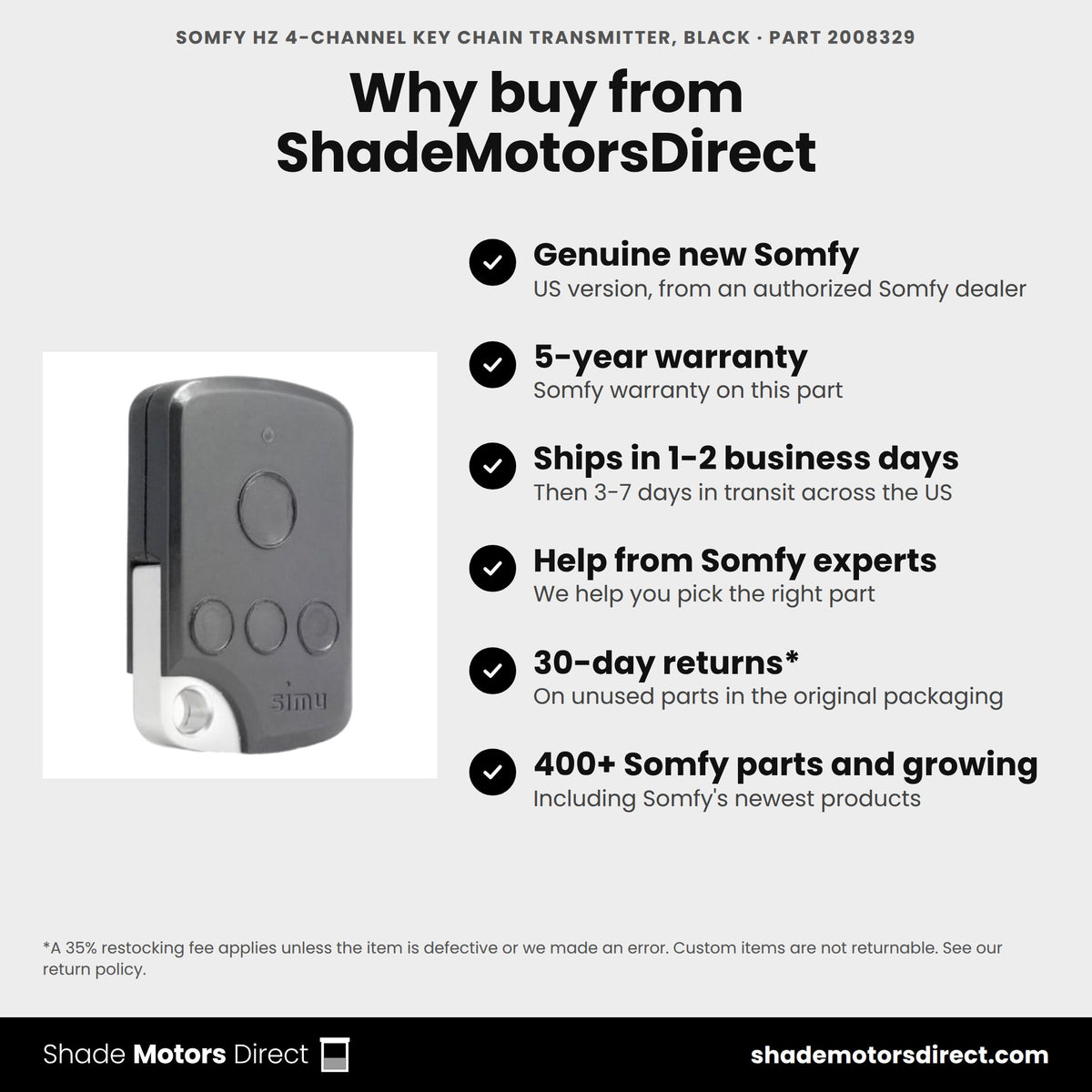 Buy the Somfy Hz 4-Channel Key Chain Transmitter, Black, part 2008329, genuine new with 5-year warranty, from ShadeMotorsDirect