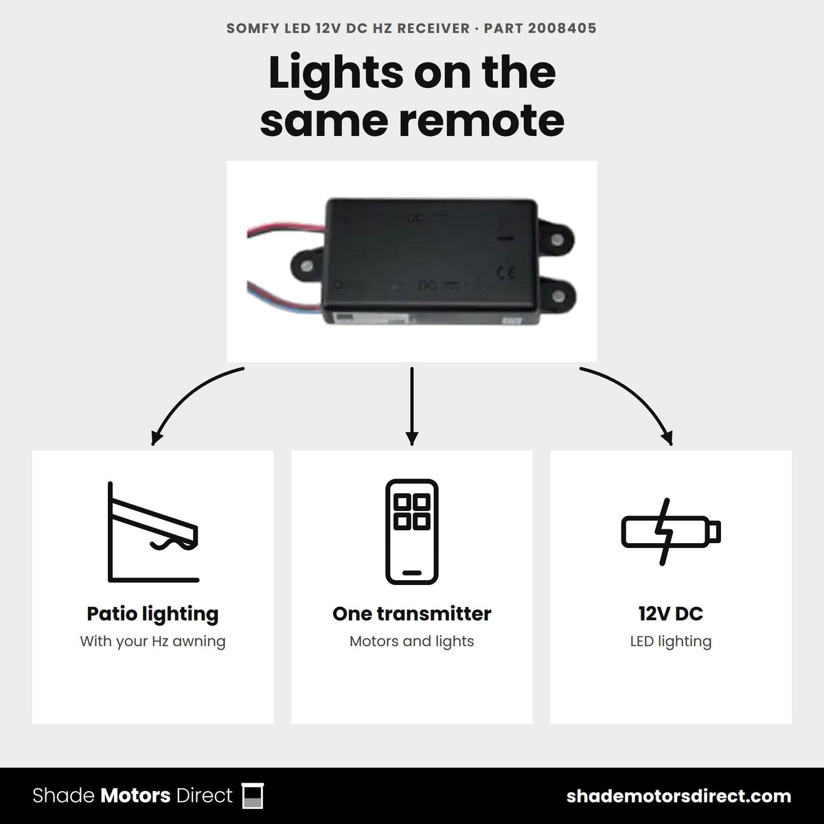Somfy LED Hz receiver 2008405 uses: patio lighting on the same Hz transmitter as your motors, 12V DC LEDs