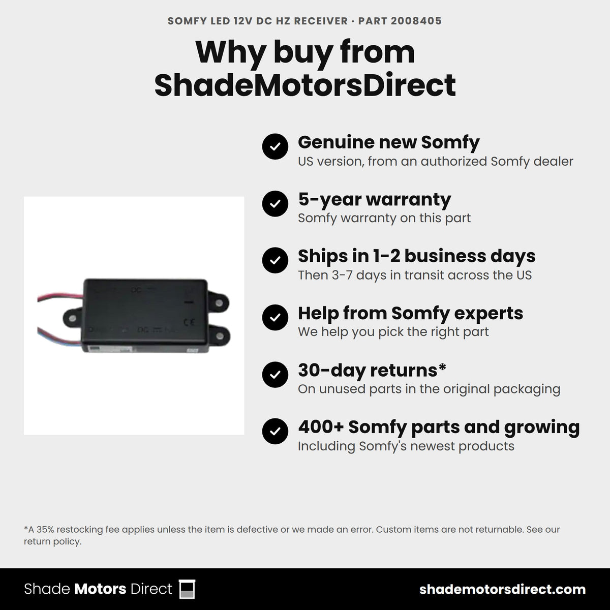 Buy the Somfy LED 12V DC HZ Receiver, part 2008405, genuine new with 5-year warranty, from ShadeMotorsDirect
