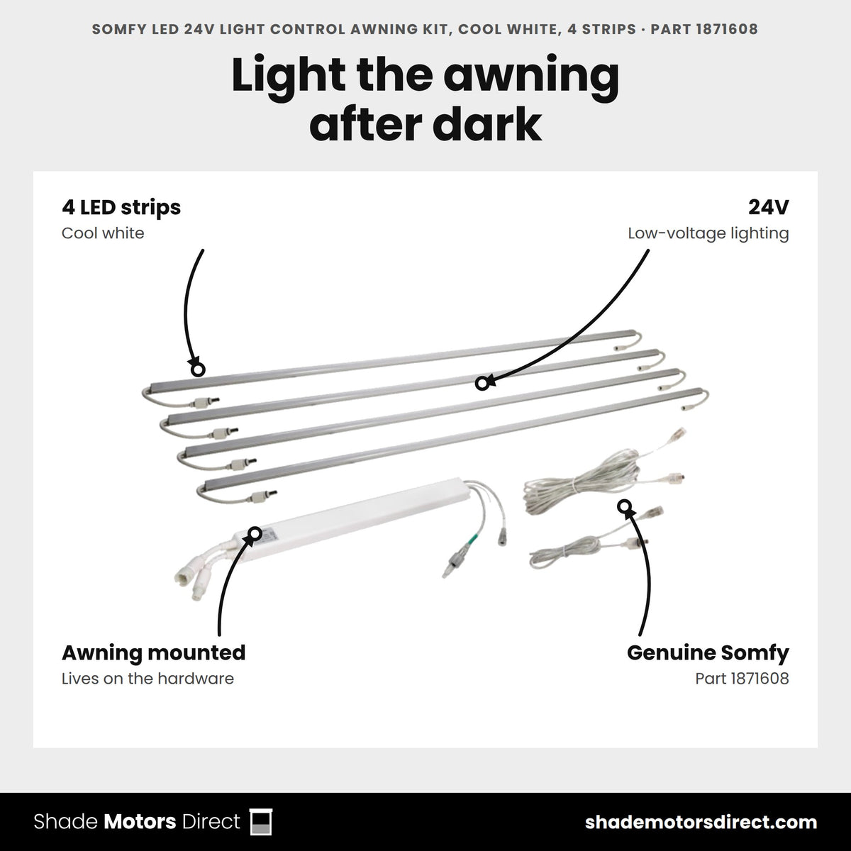 Somfy LED 24V Light Control Awning Kit, Cool White, 4 Strips, part 1871608, features: four cool-white 24V LED strips for installation on motorized awning structures
