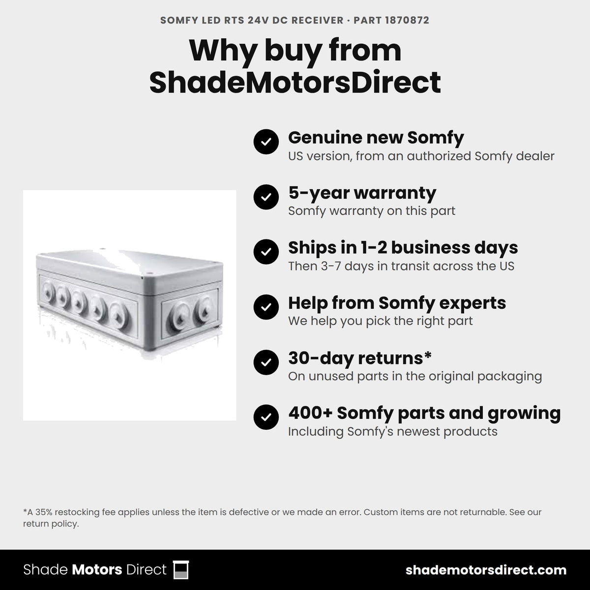 Buy the Somfy LED RTS 24V DC receiver, part 1870872, genuine new with 5-year warranty, from ShadeMotorsDirect