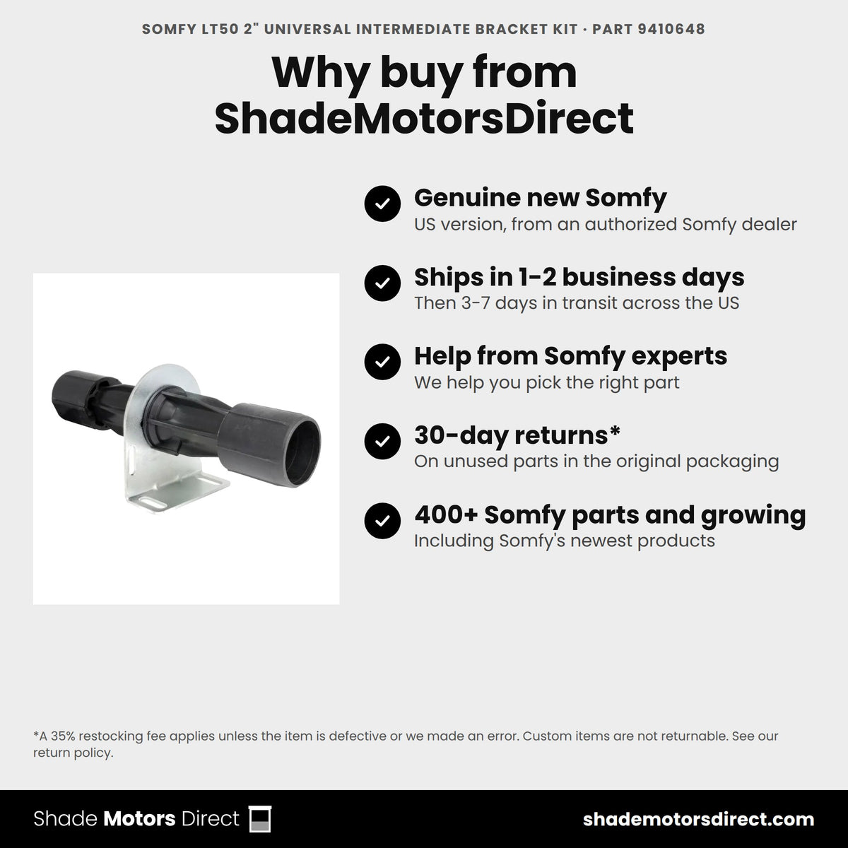 Buy the Somfy LT50 2" Universal Intermediate Bracket Kit, part 9410648, genuine new, from ShadeMotorsDirect