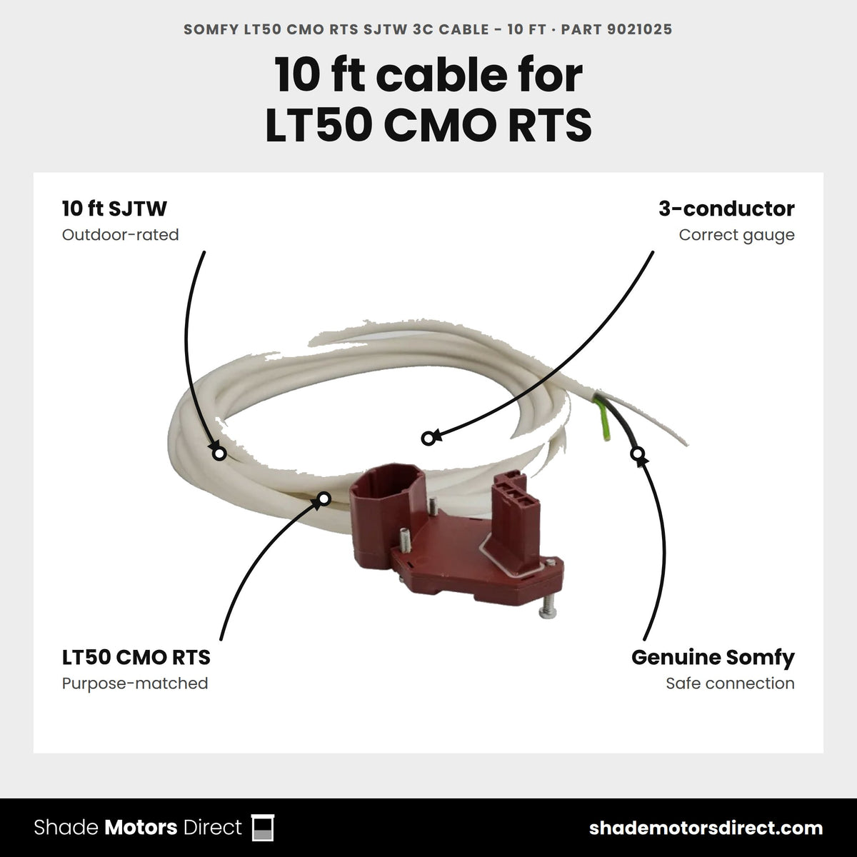 Somfy LT50 CMO RTS SJTW 3C cable 10 ft, part 9021025, outdoor-rated 3-conductor cable for LT50 CMO RTS motors