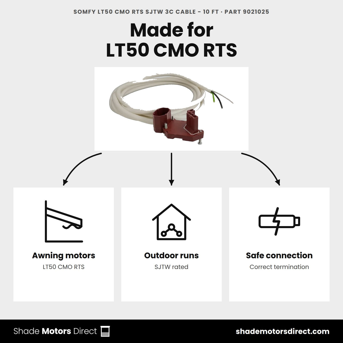 Somfy LT50 CMO RTS cable 9021025 uses: power for LT50 CMO RTS awning motors on outdoor runs