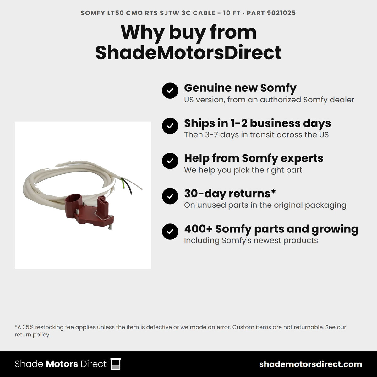 Buy the Somfy LT50 CMO RTS SJTW 3C Cable - 10 ft, part 9021025, genuine new, from ShadeMotorsDirect