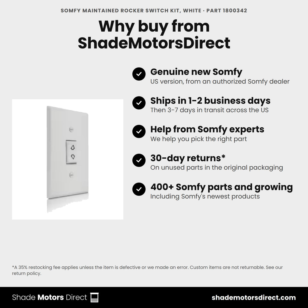 Buy the Somfy Maintained Rocker Switch Kit, White, part 1800342, genuine new, from ShadeMotorsDirect